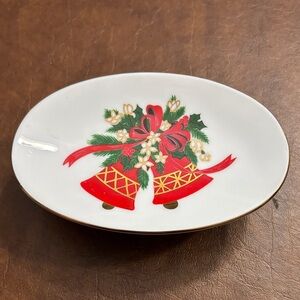 Vintage Holiday Oval Soap Dish with Red Bells and Greenery